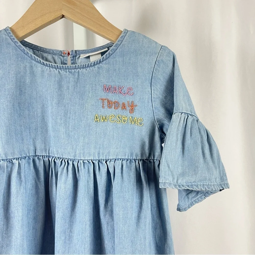 Cat & Jack 4T Embroidered Flutter Ruffle Sleeve Denim Chambray Cottagecore Dress